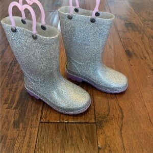 Western Chief Glittery Silver light up Kids Boots with Pink Accents